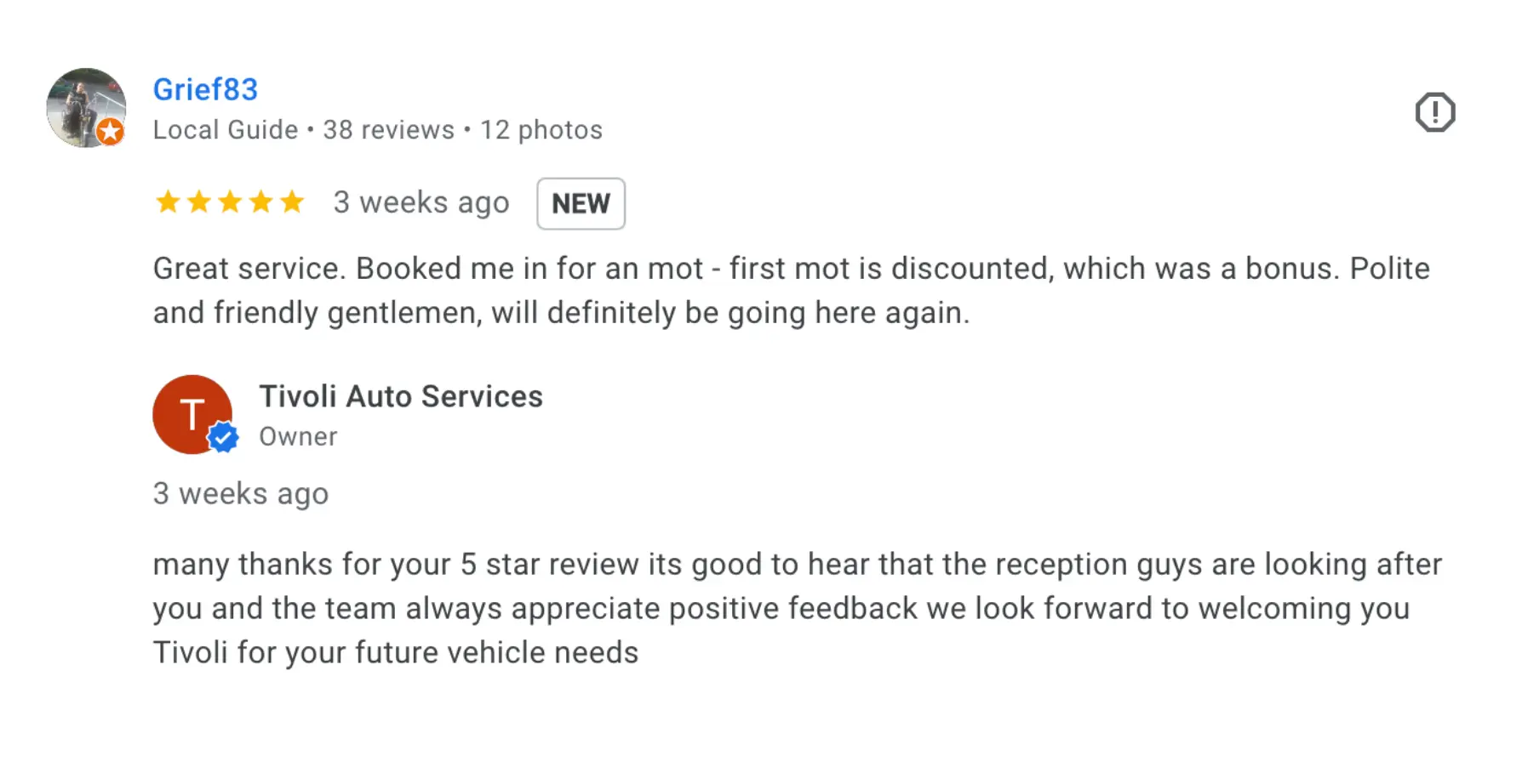 Read our recent 5 star Google review about an MOT service
