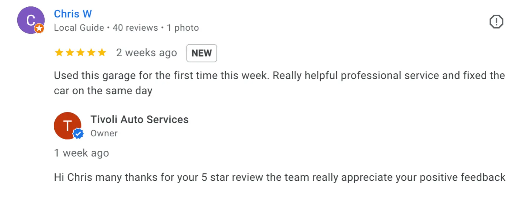 Chris says this about our services - Tivoli Google Review from a customer