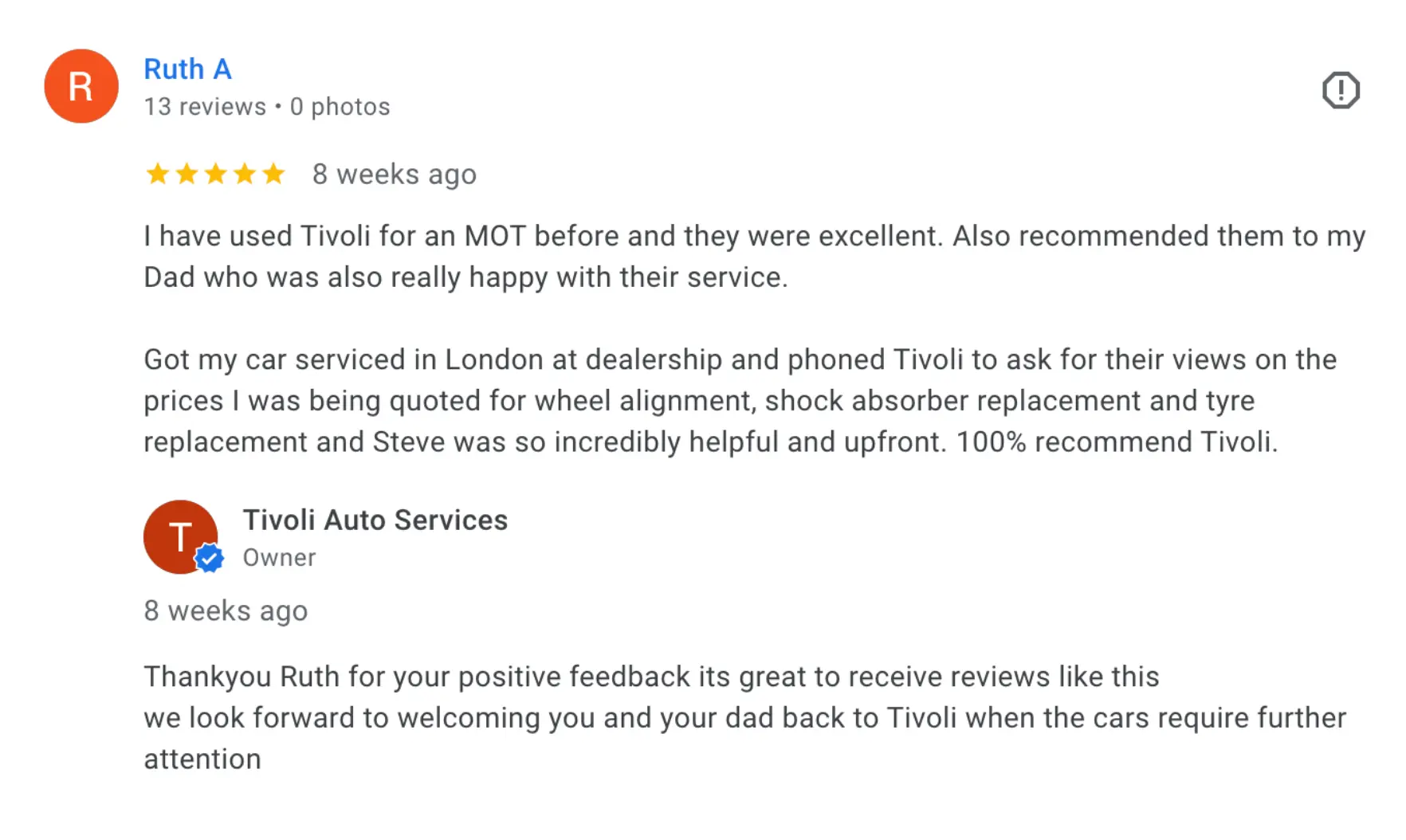Tivoli Google Review from a customer - Here's what Ruth has to say about our services