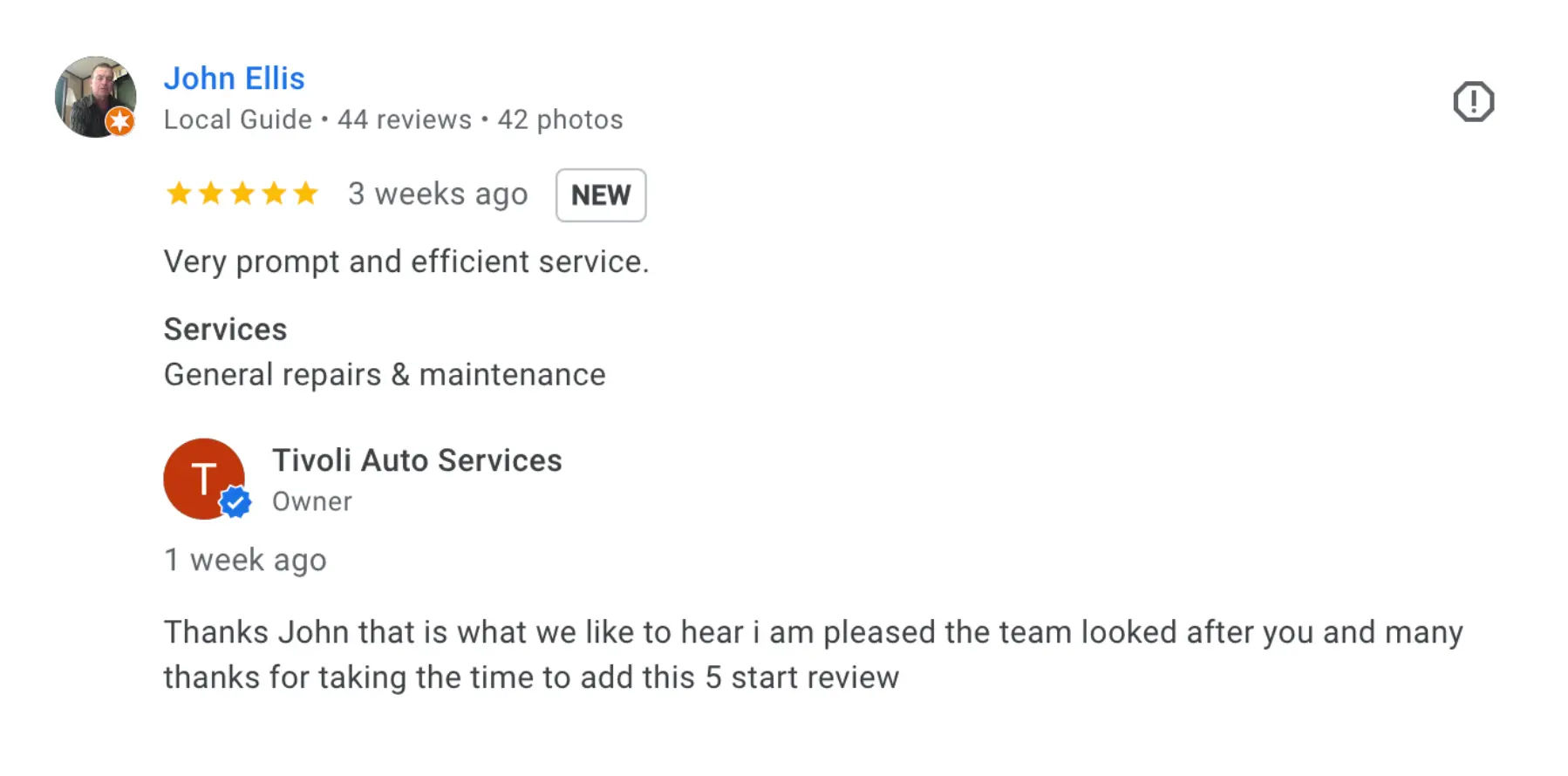 Another 5 star Google review for Tivoli Auto Services